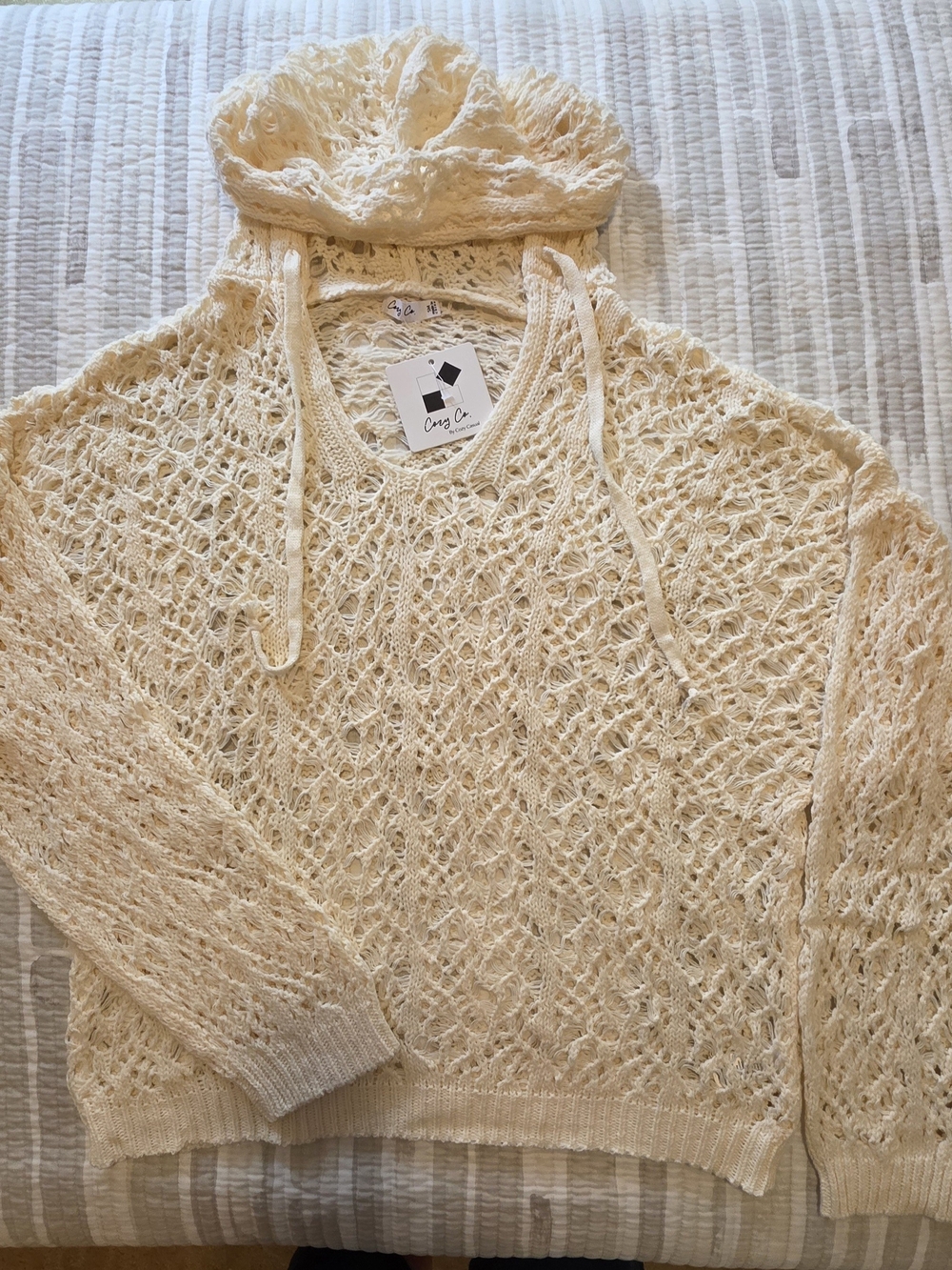Cozy Co Cream Crochet V-Neck Hoodie Sweater